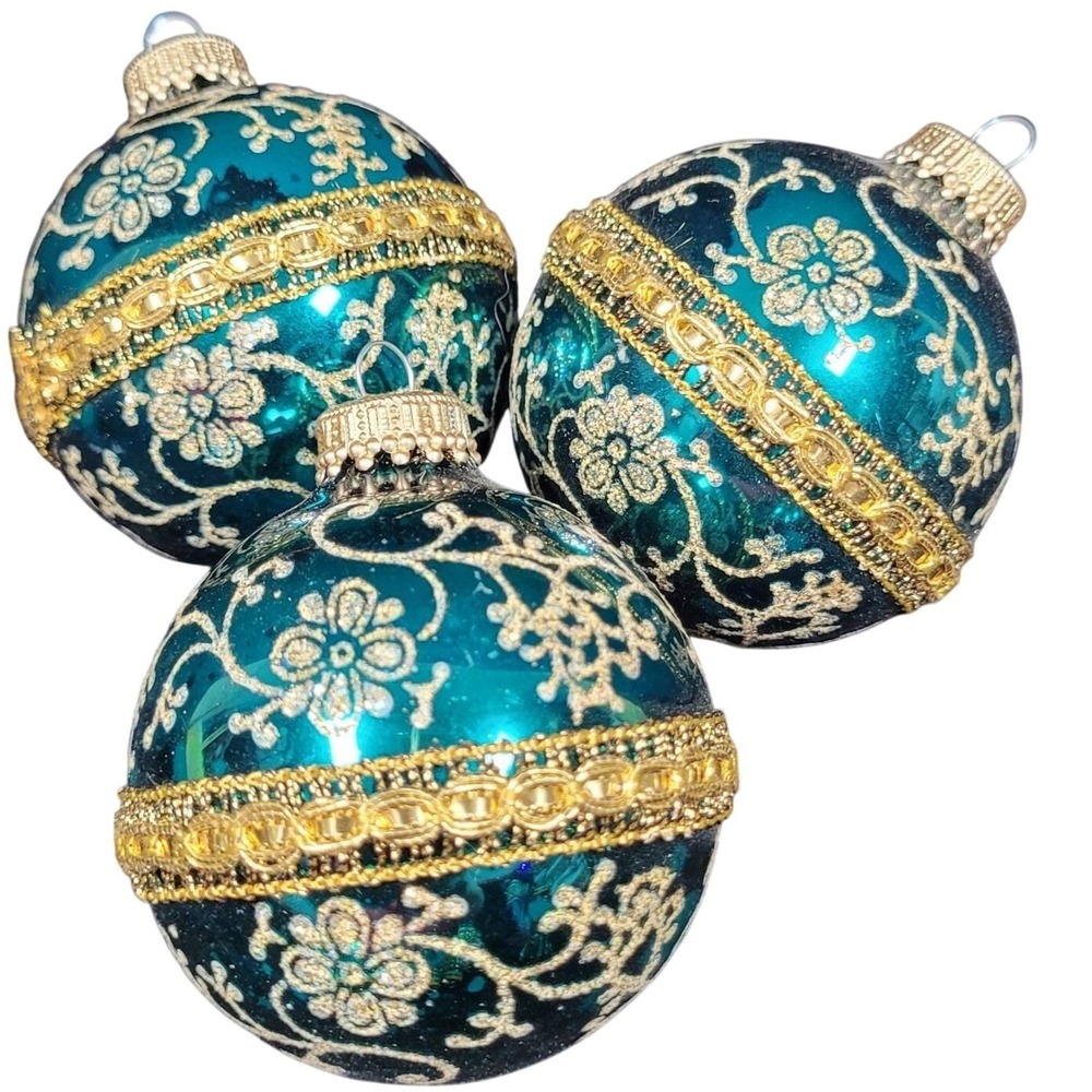 Krebs Christmas Ornaments Set of 3 Teal Gold Floral Glitter Glass Ball 3in